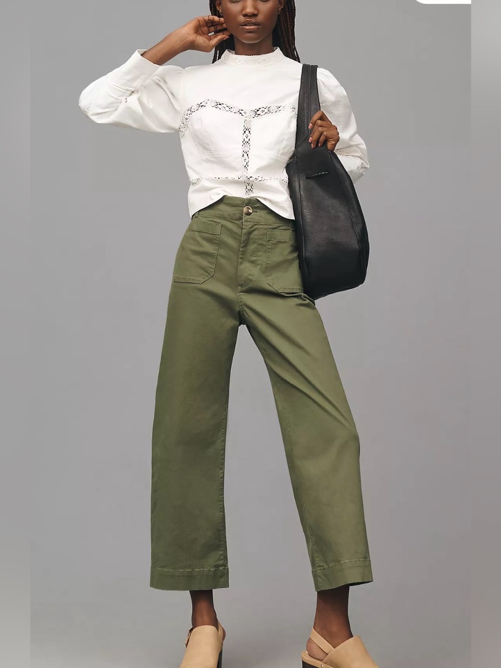 Anthropologie Maeve The Colette Twill Crop Wide-Leg Pants Green Size 27 Linen Bl